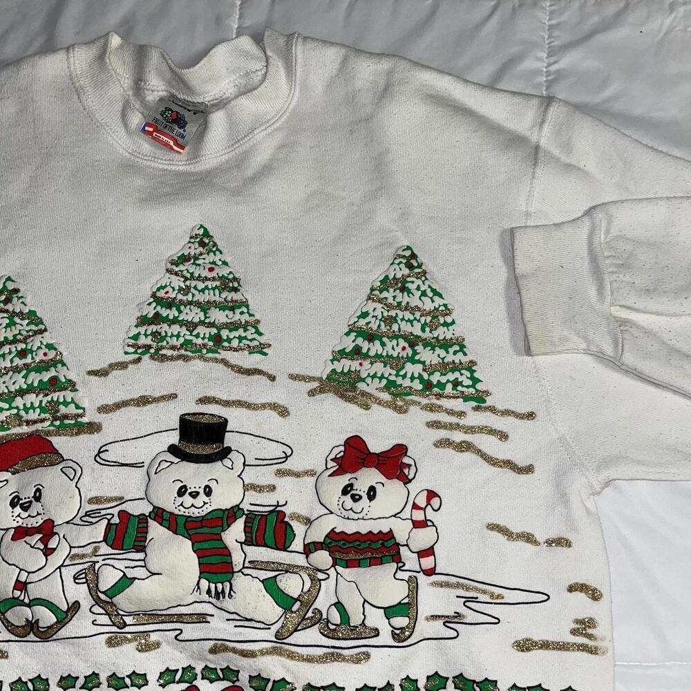 Vintage 90 Teddy Bear Christmas Woman’s large Sweater Fruit of the Loom Holiday - Picture 1 of 7